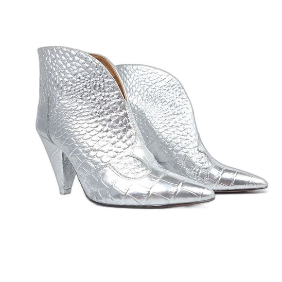 TORAL Ilia Piper Silver Metallic Croc Pointed Toe Western Ankle Boots Glam Boho - Picture 1 of 10